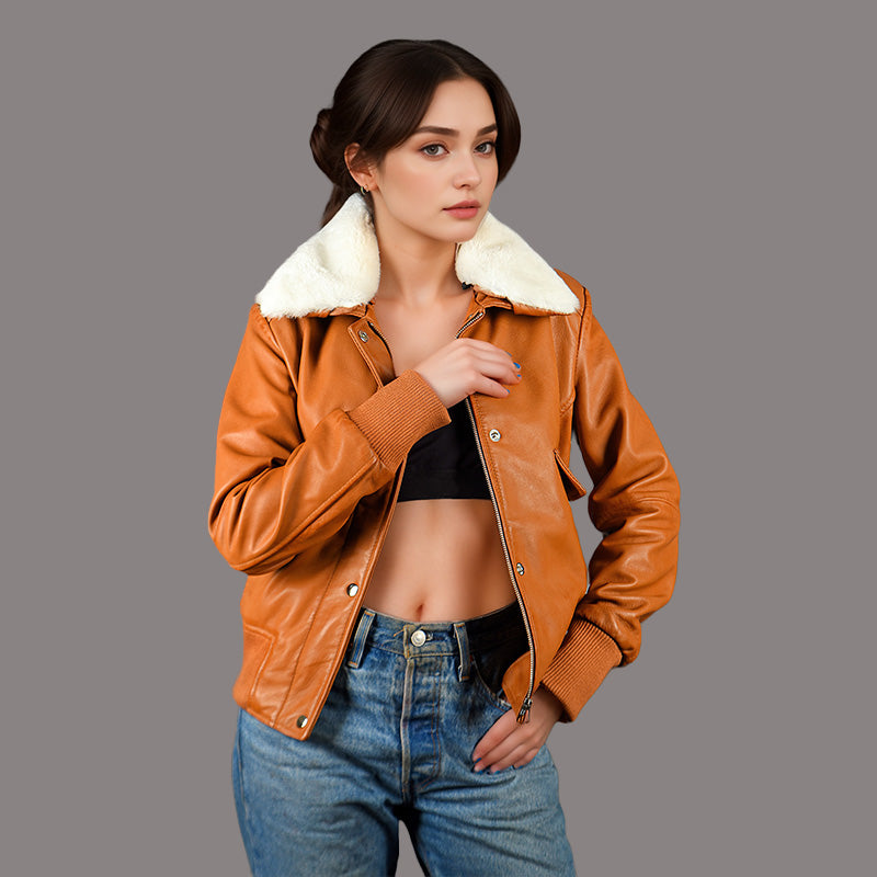 Women's Leather Bomber Jacket with Fur Collar KORVALE