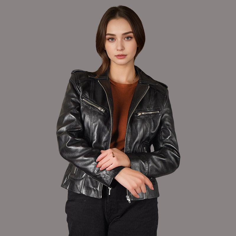 Women Center Zip Leather Biker Jacket NAXBY