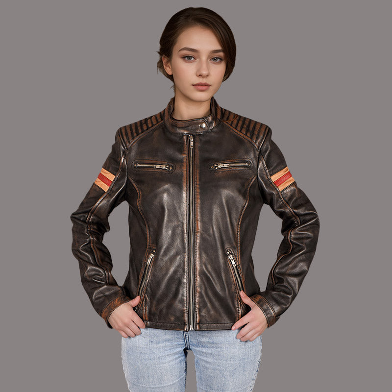 Women Distressed Black Leather Biker Jacket NARVEN