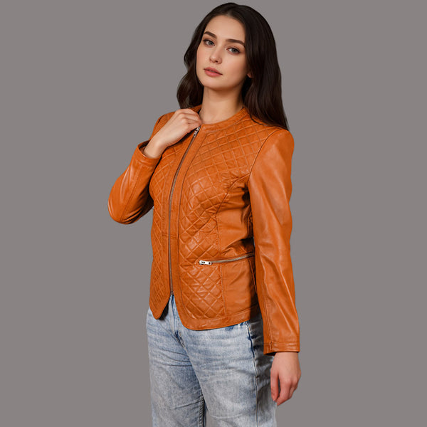 Women Collarless Quilted Leather Jacket DUSKLIGHT