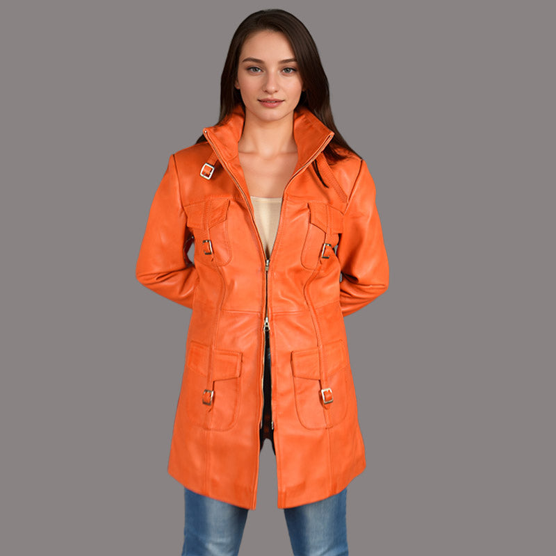 Women Leather Coat Long Jacket FLINTON