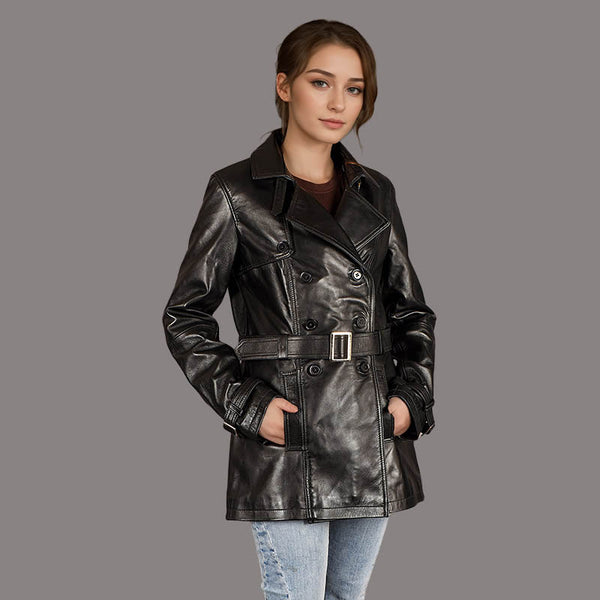 Double Breasted Women's Leather Coa