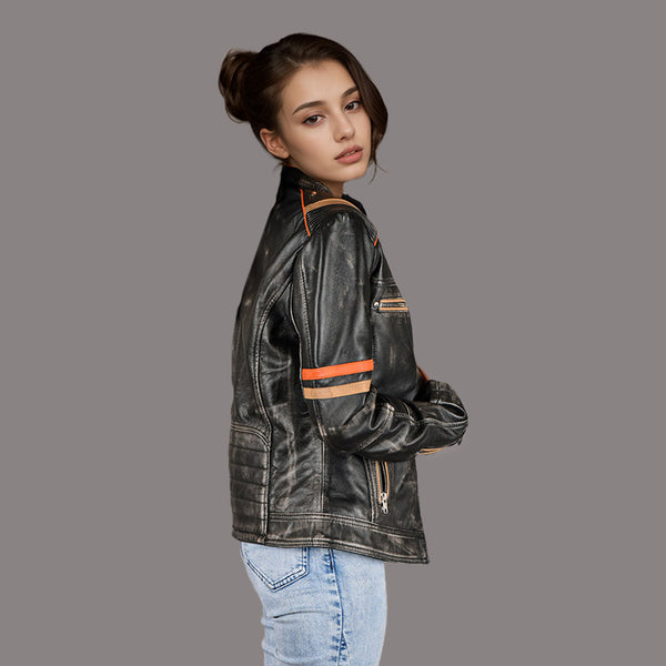 Women Waxed Leather Motorcycle Jacket VIGOR