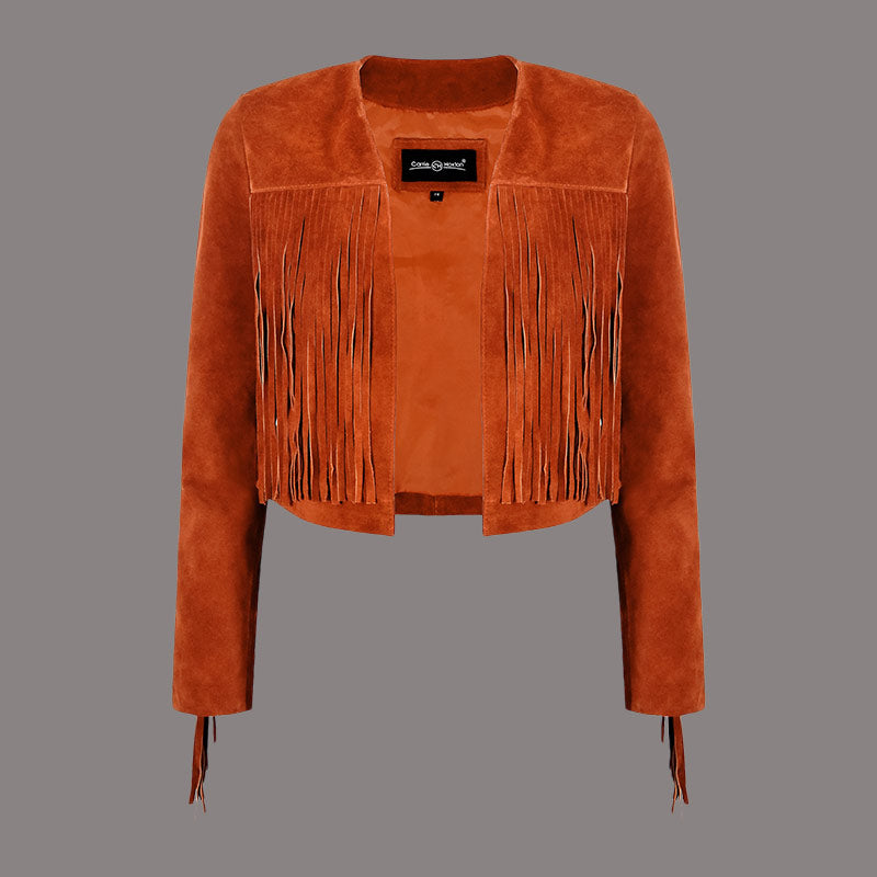 Cropped Leather Fringe Jacket in VAQUERO