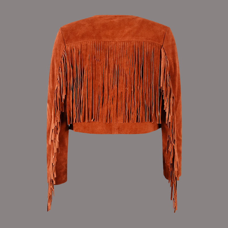 Cropped Leather Fringe Jacket in VAQUERO