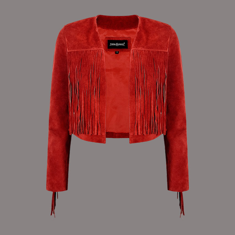 Cropped Leather Fringe Jacket in VAQUERO