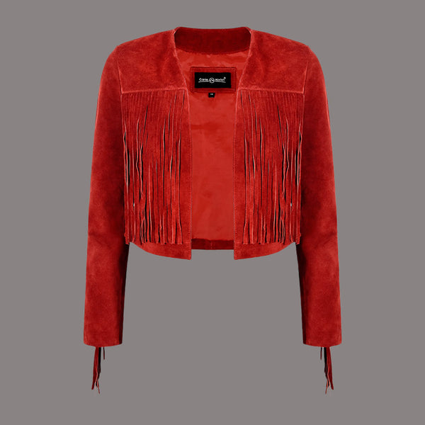 Cropped Leather Fringe Jacket in VAQUERO