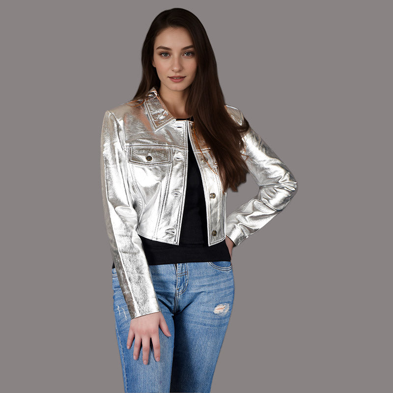 Silver Leather Jacket, Cropped Leather Jacket for Women