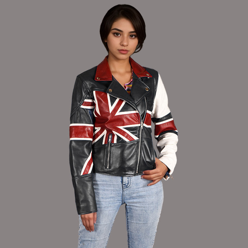 UNION JACK Women Leather Biker Jacket