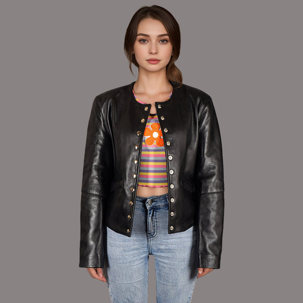 Women Collarless leather jacket black