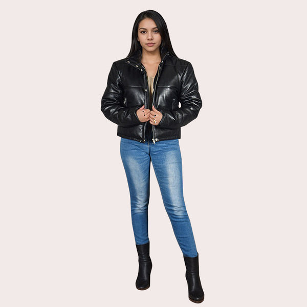 Women Leather Puffer Jacket in Black WOODLANDIA