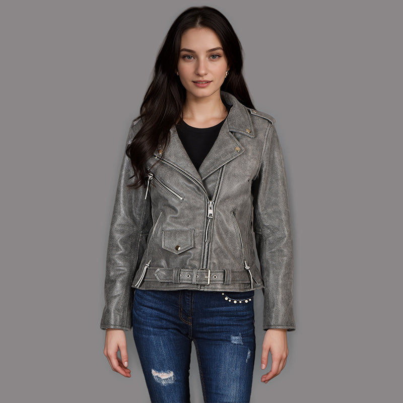 Women Leather Biker Jacket in Grey Vintage RUNWAY