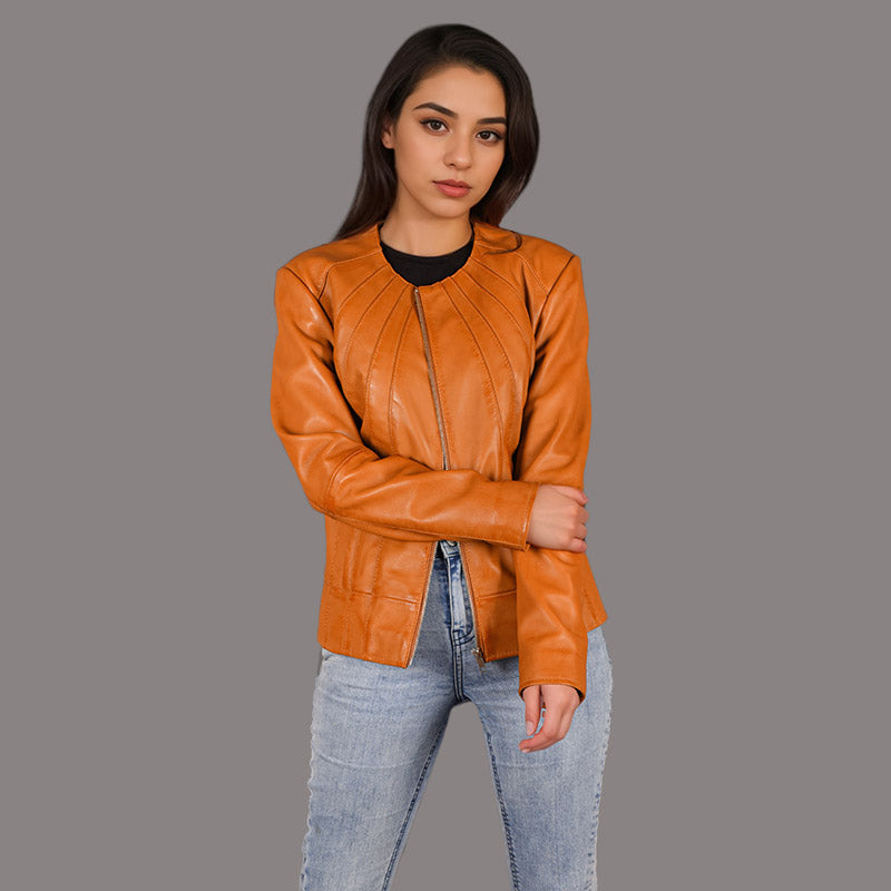 Women Collarless Leather Jacket CARSON