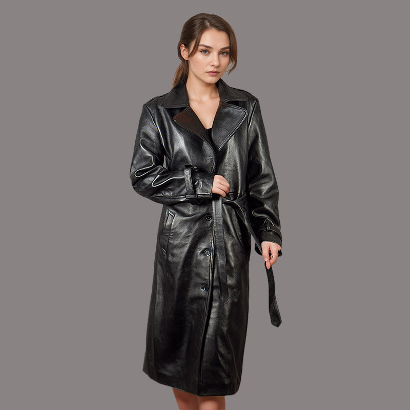 Women's Black Leather Trench Coat. Oversized black leather coat