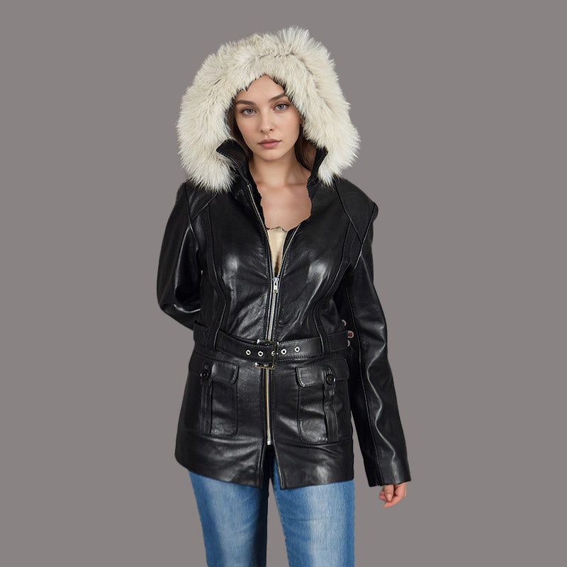 women-fur hooded-leather-coat